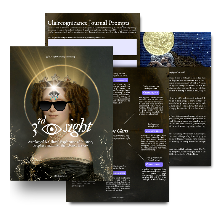 Pages from the 3rd Eye Sight workshop guidebook, including journal prompts and a guide to the clairs