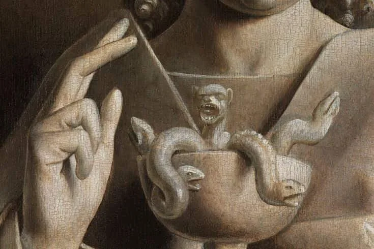 A relief drawing of a hand holding the serpent-twined staff of the physician