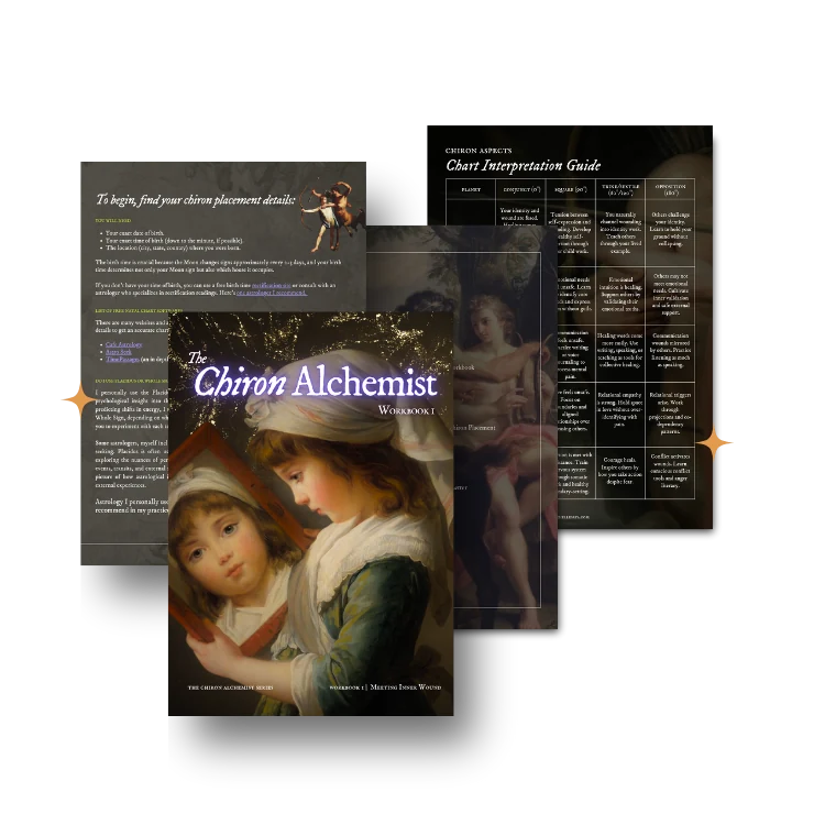 The three Chiron Alchemist workbooks with the Chiron Aspects chart interpretation guide
