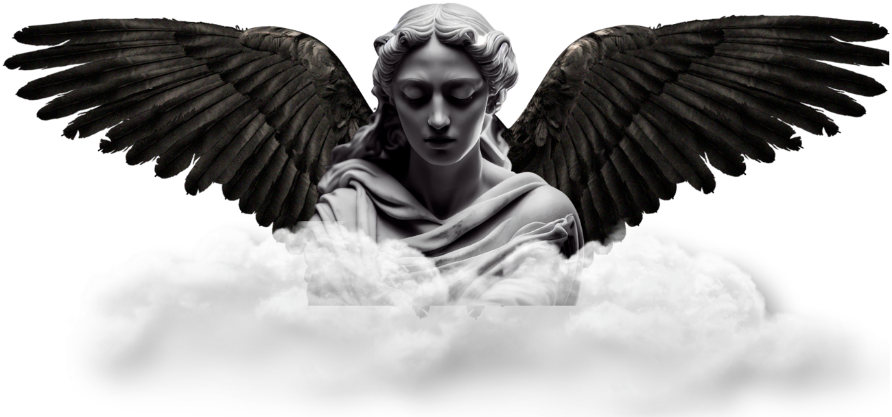 A winged marble angel rising from clouds