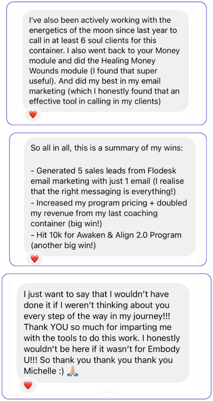 A student message describing generating five figures from Flodesk email marketing and doubling her coaching container