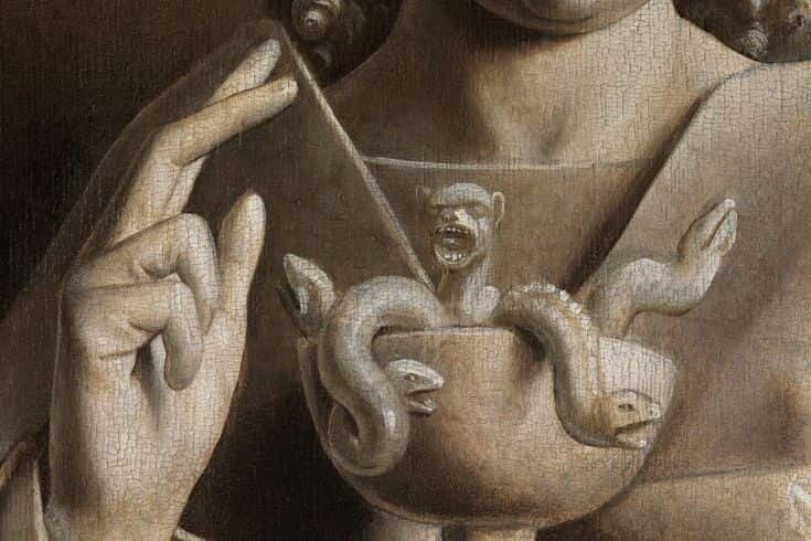 A hand holding a glass over a bowl of serpents, Netherlandish panel detail