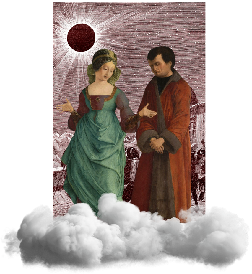 A Renaissance couple beneath an eclipsed sun, standing on clouds