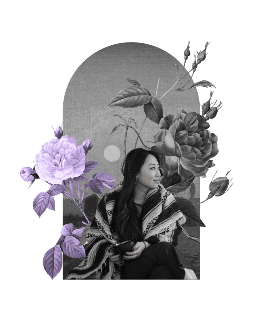 Michelle Saya framed in an arch with purple roses