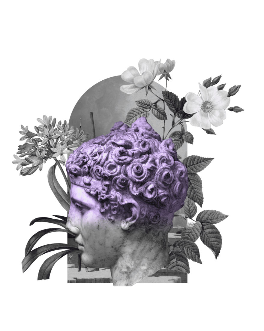 A marble bust crowned with roses