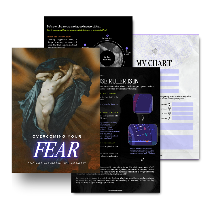 Pages from the Overcoming Fear with Astrology workbook, including fear-pattern mapping and reflective prompts