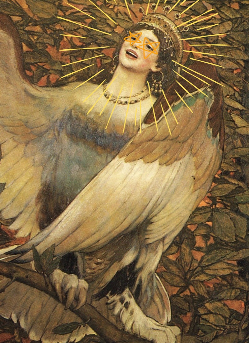 Vasnetsov's bird of joy, a crowned woman with sun rays, laughing