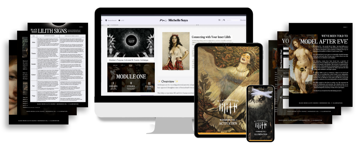 The Lilith course portal shown on a desktop computer, tablet and phone, with printed workbook pages fanned either side