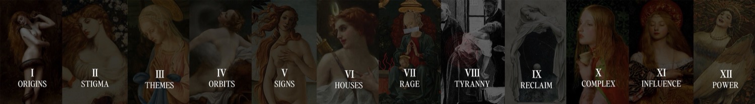 Twelve painted panels numbered I to XII: origins, stigma, themes, orbits, signs, houses, rage, tyranny, reclaim, complex, influence, power