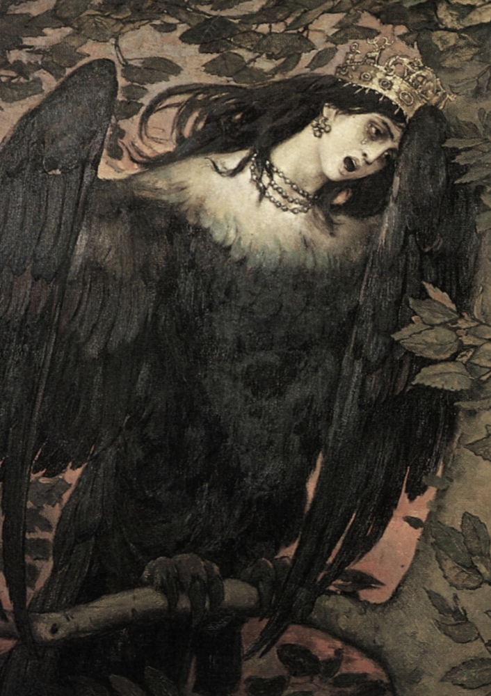 Vrubel's Sirin, a crowned woman with dark wings