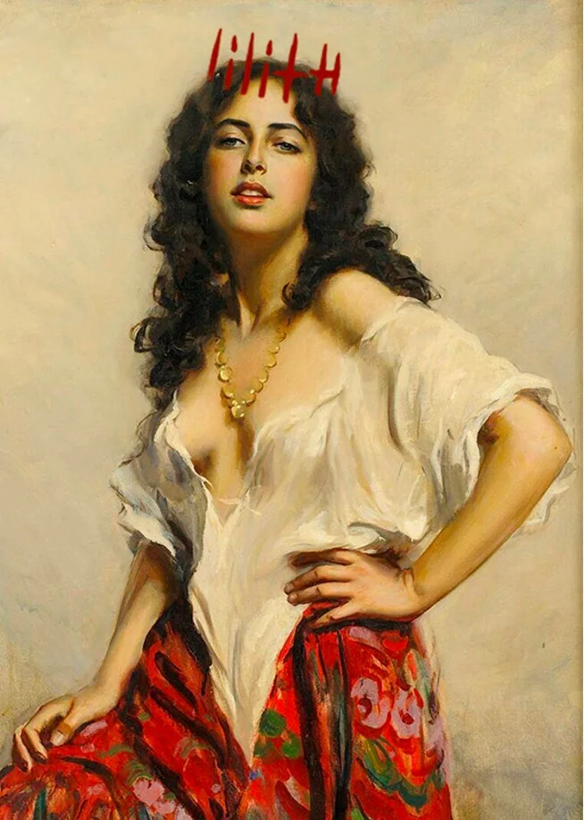 A painting of a dark-haired woman, a red hand-scratched crown reading lilith above her head