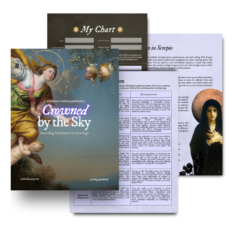 Pages from the Decode Your Midheaven workbook, including reflective prompts and chart analysis
