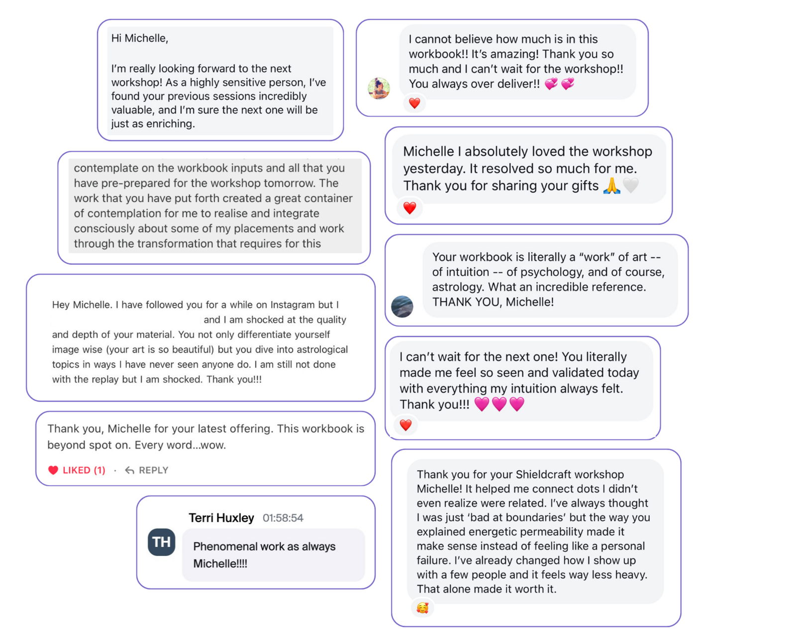 Messages from past attendees of the Shieldcraft for Online Creatives workshop