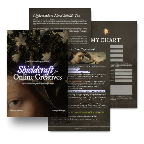 Pages from the Shieldcraft for Online Creatives workbook, including boundary-mapping and reflective prompts